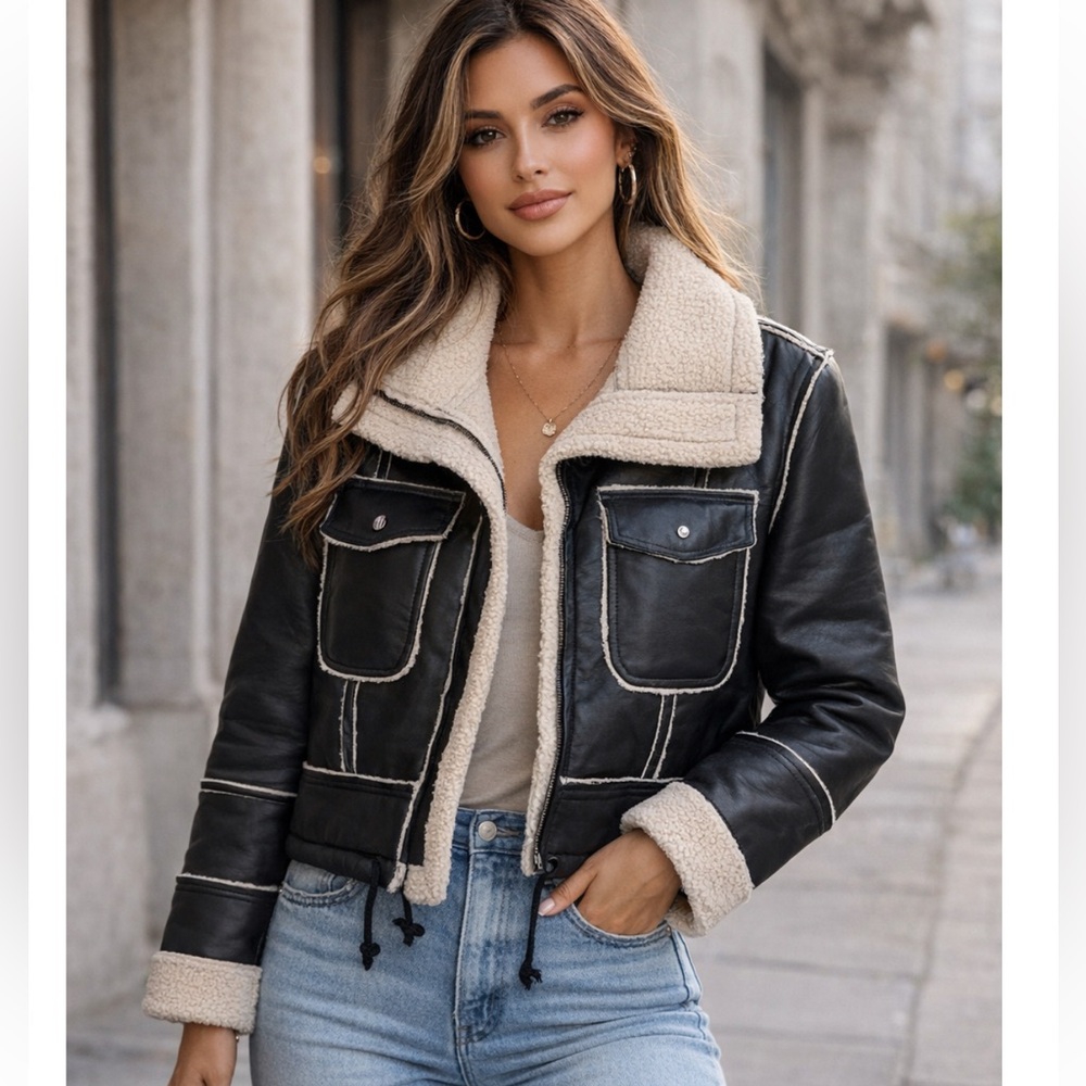 Faux Leather Moto Sherpa Bomber Jacket